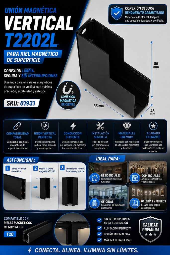 Unión Magnética Vertical T2202L Para Riel Magnético de Superficie 85*85*46