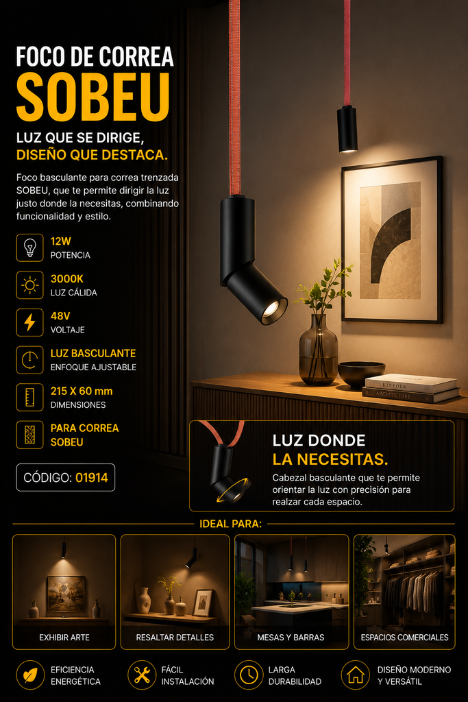 Foco de Correa 12w 3000k LRX0760-12 Basculante 48v 215 x 60 mm ¨SOBEU¨