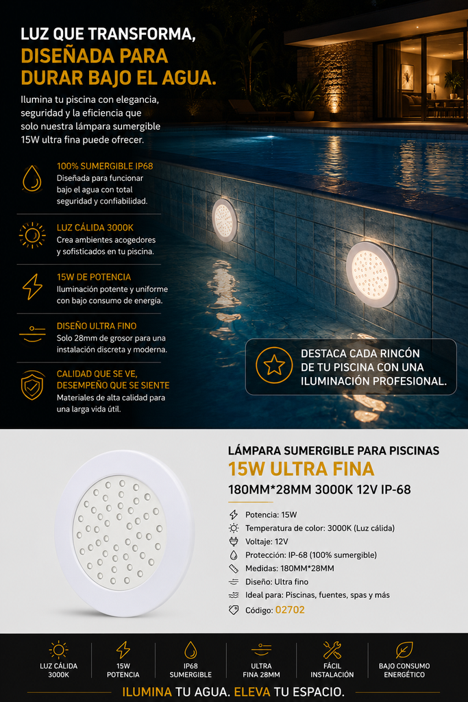 Lampara Sumergible15W Ultra Fina 180MM*28MM 3000K 12V IP-68 para Piscinas