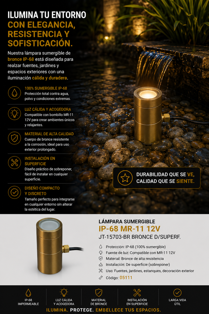 Lampara Sumergible IP-68 MR-11 12V JT-15703-BR BRONCE D/SUPERF.