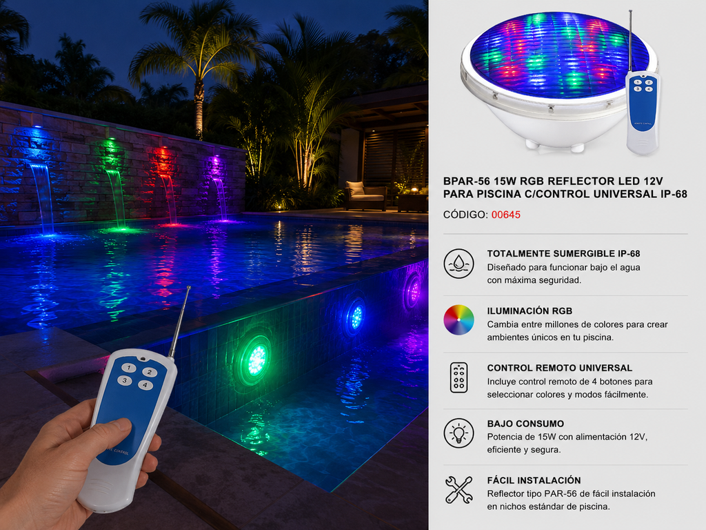 Par-56 15W RGB Reflector LED 12v para Piscina C/Control Universal IP-68