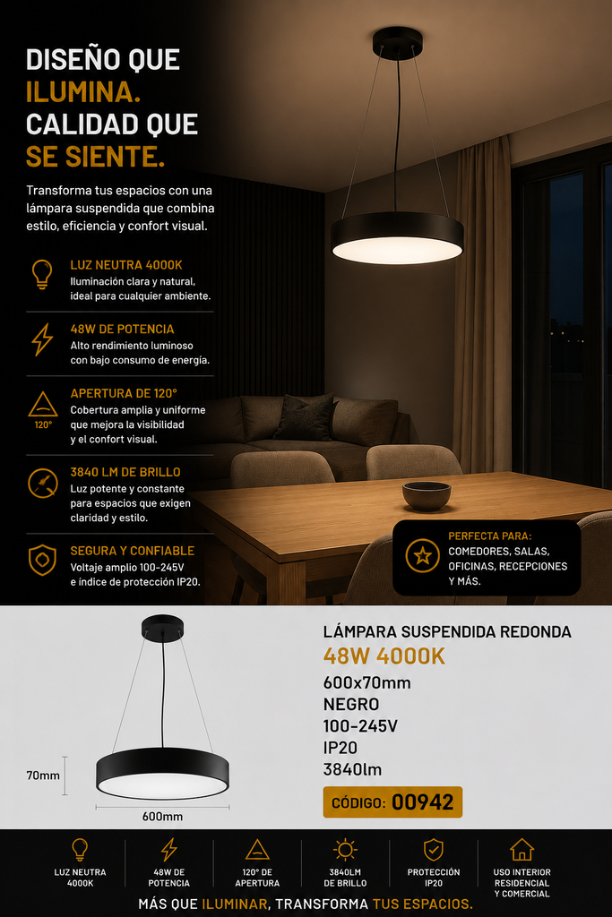 Lampara Suspendida 48W 4000K 600x70mm Negro Redonda 100-245V IP20 3840lm