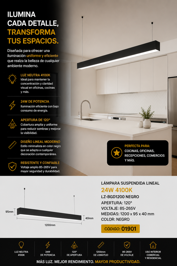 Lampara Suspendida 24w 4100k LZ-BGD1200 negro lineal 120° 85-265V 1200X95x40