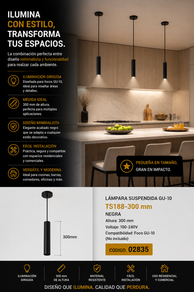 Lampara Suspendida GU-10 TS188-300 mm NEGRA