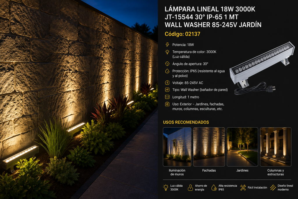 Lampara Lineal 18w 3000K JT-15544 30º IP -65 1 MT WALL WASHER 85-245V Jardín