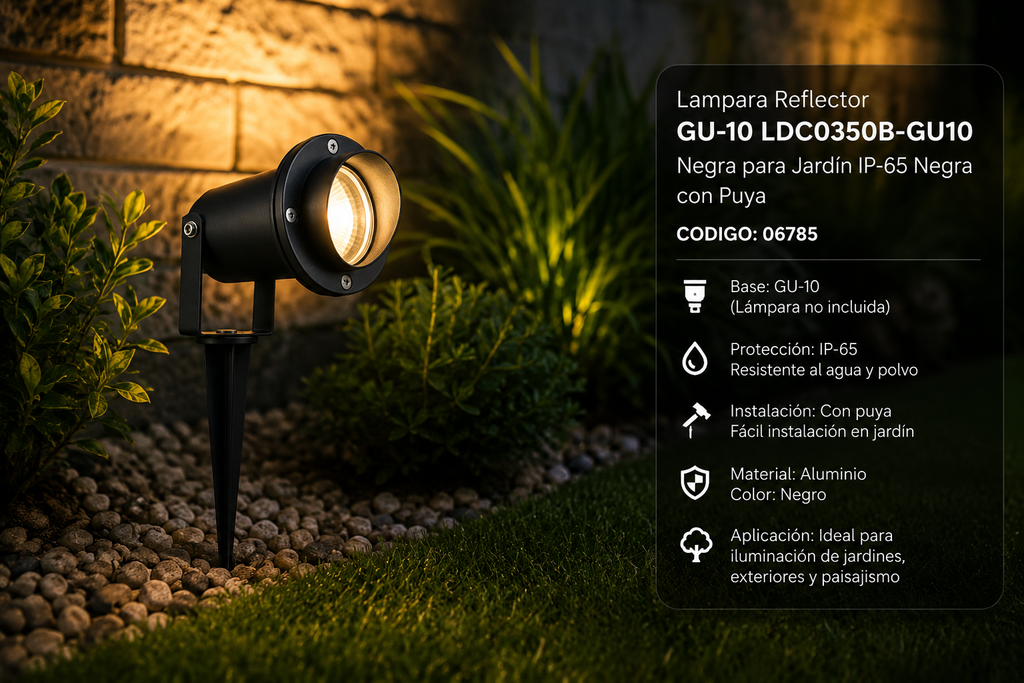Lampara Reflector GU-10 LDC0350B-GU10 Negra para Jardín IP-65 Negra con Puya