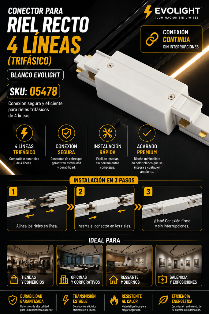 Conector para Riel Recto 4 Líneas (Trifásico) Blanco EVOLIGHT
