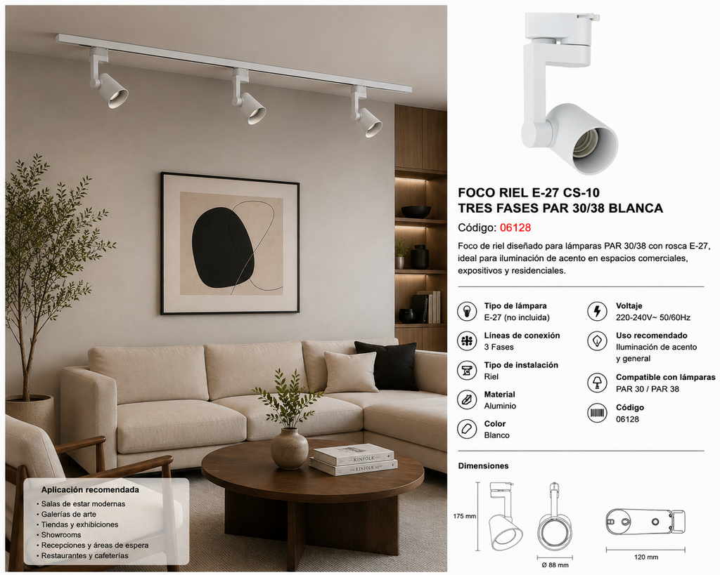 Foco Riel E-27 CS-10 Tres Fases PAR 30/38 Blanca