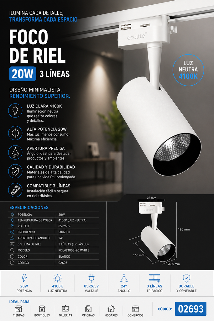 Foco de Riel 20w 4100k KDL-G3003-20 WHITE 3 LINEAS 85-265V