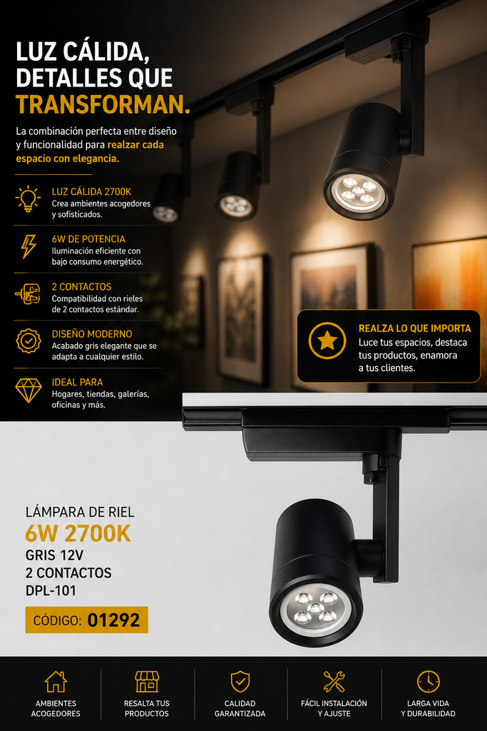 Lampara de Riel 6w 2700K Gris 12V 2 Contactos DPL-101