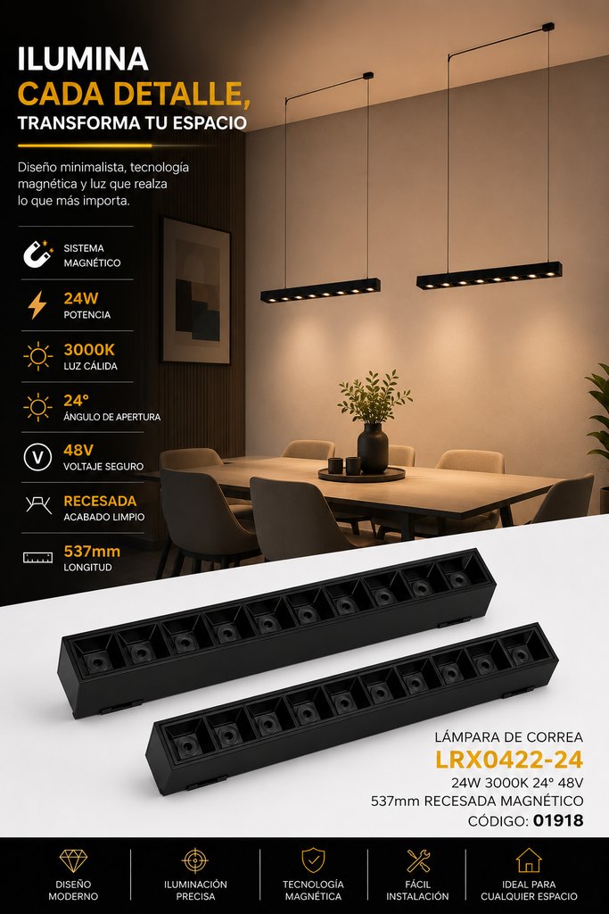 Lampara de Correa 24w 3000K LRX0422-24 24° 48v 537 mm Recesada Magnético