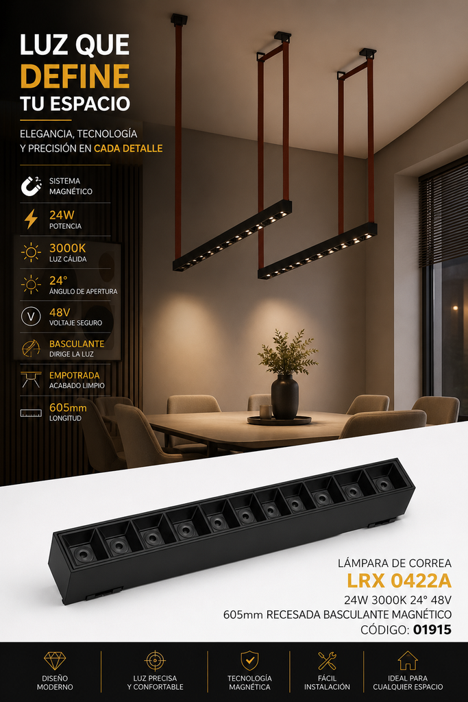 Lampara de Correa 24w 3000k LRX 0422A 24° 48v 605 mm Recesada Basculante Magnético