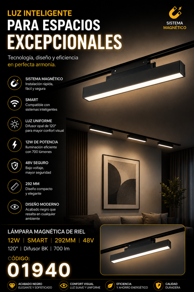 Lampara Magnética de Riel 12W SMART TX1240Z-12 292mm 120º 48 v Difusor BK 700 lm