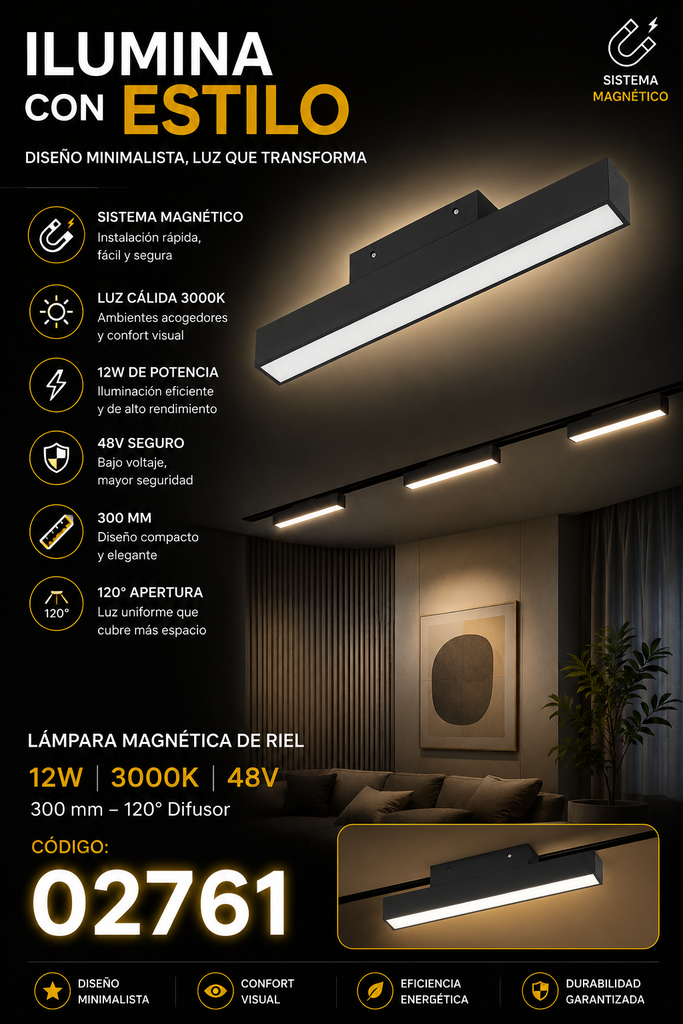 Lampara Magnética Riel 12w 3000K 300 mm 120º 48 v Difusor 20-6210