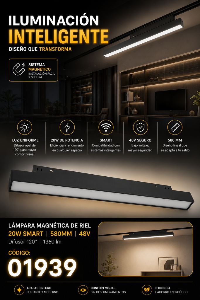 Lampara Magnética de Riel 20W SMART 580mm TX1250Z-20 120º 48 v 1360 lm Difusor 120º BK