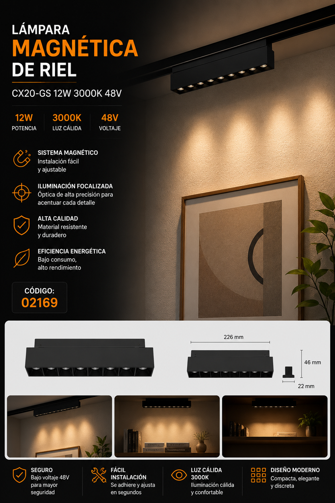 Lampara Magnética de Riel 12W 3000K CX20-GS 48V