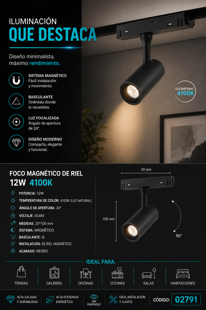 Foco Magnético de Riel 12w 4100K DC48V 24º 20*100 mm BY-ZX5016