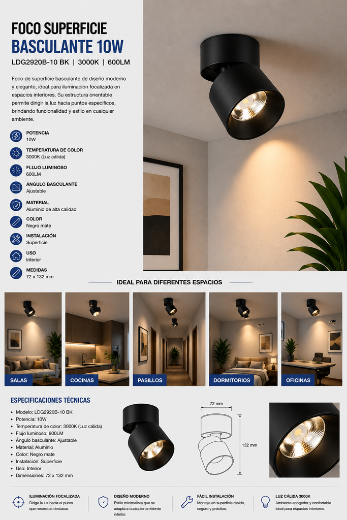 Foco Superficie Basculante 10w 3000K LDG2920B-10 BK 600LM 72 X 132 mm EVOLIGHT