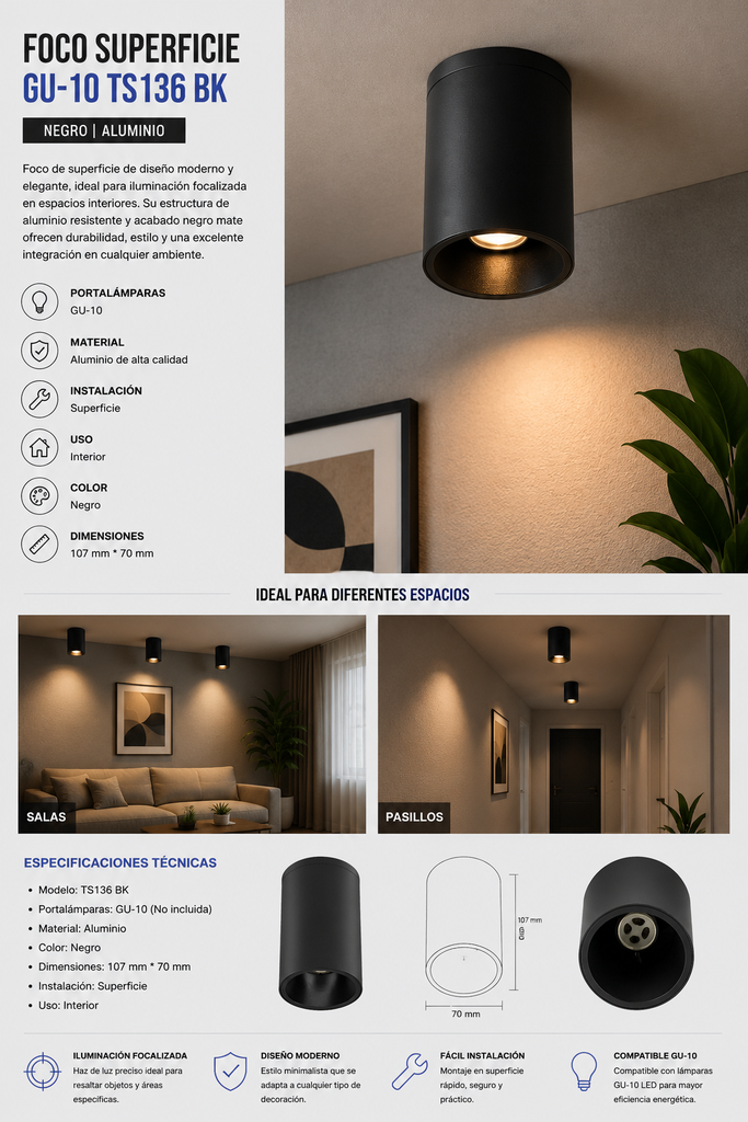 Foco Superficie GU-10TS 136 BK Aluminio Negro107 mm *70 mm EVOLIGHT