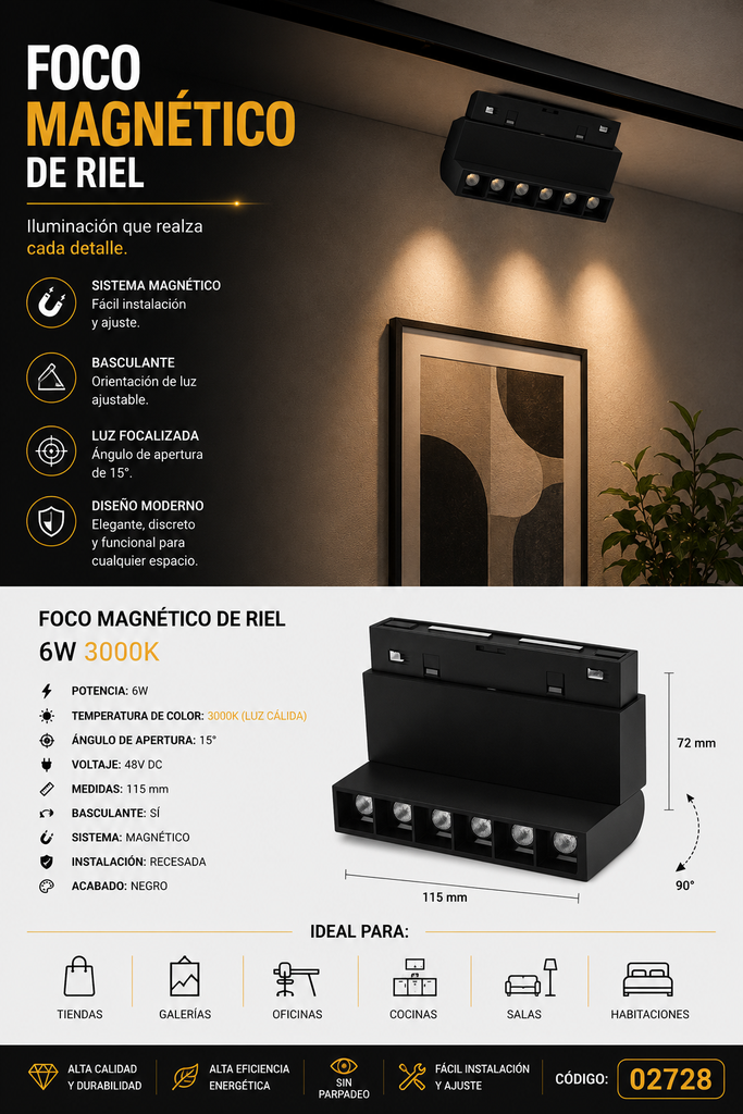 Foco Magnético de Riel 6W 3000K LZ-GDZD6*1 115 mm 15º 48 v Recesada Basculante