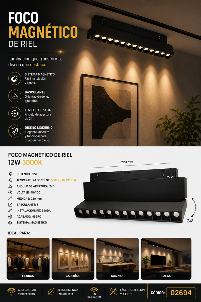 Foco Magnético de Riel 12 w 3000k 220 mm Basculante Recesada 24º, 48v DC