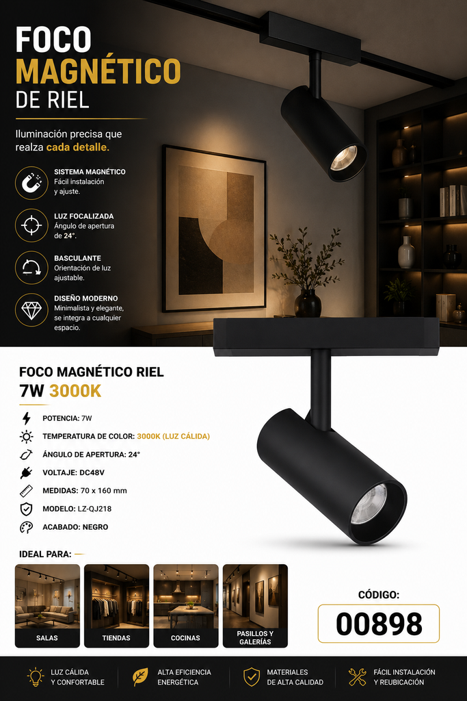 Foco Magnético Riel 7W 3000K LZ-QJ218 24º DC48V 70*160 mm