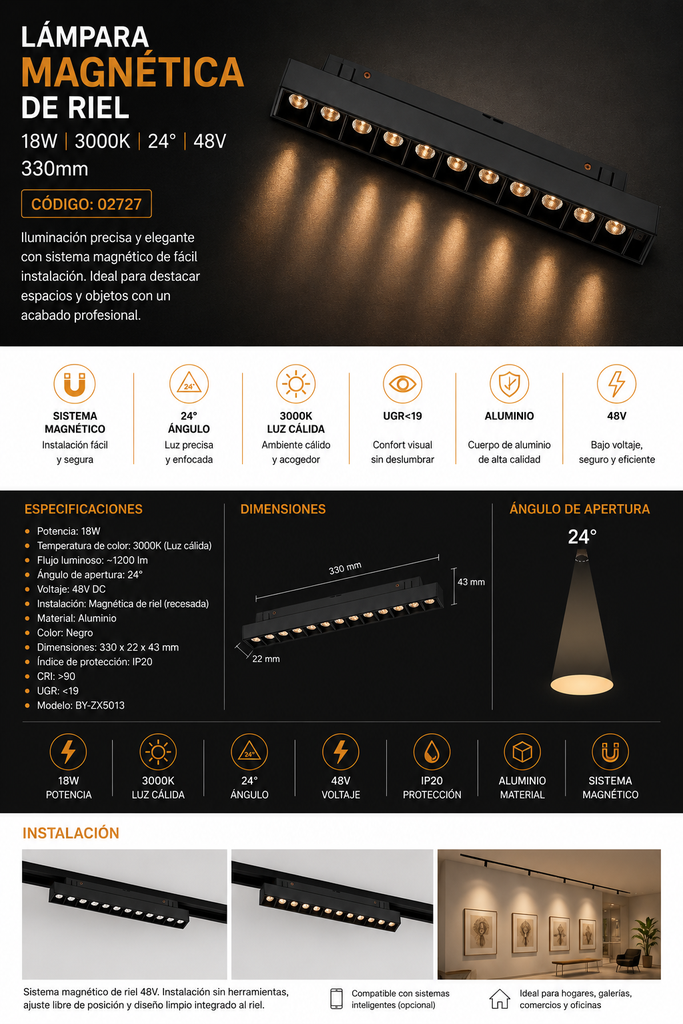 Lampara Magnética de Riel 18W 3000K 330mm 24° 48 v Recesada BY-ZX5013