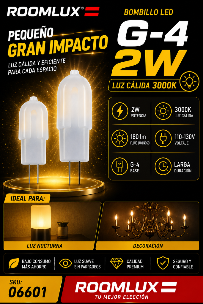 Bombillo 2w 3000k G-4 180 lm 110-130V B01306 ROOMLUX