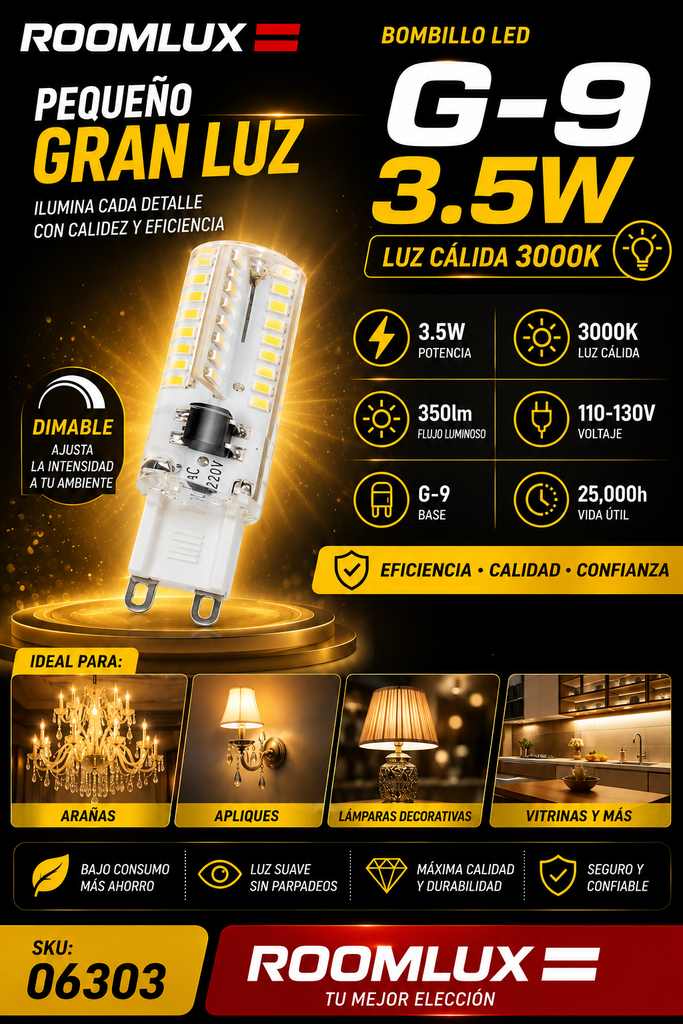 Bombillo 3.5 w 3000k G-9 B01303 DIMIABLE 110-130V ROOMLUX