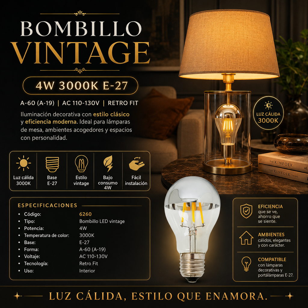 Bombillo 4w 3000k E-27 VINTAGE A-60 (A-19) AC-110-130V CON RETRO FIT (ILUMINACIÓN
