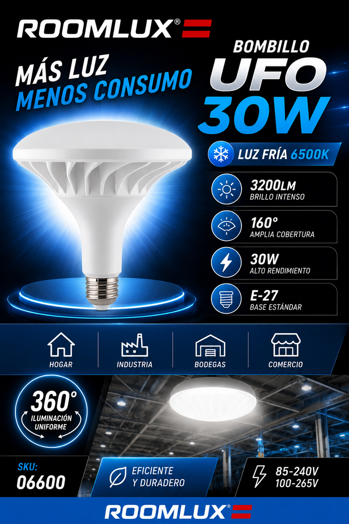 Bombillo 30W 6500k E-27 UFO 85-240V 3200LM 160° 100-265V B33730 ROOMLUX