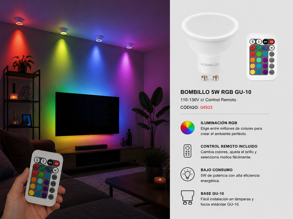 Bombillo 5W RGB GU-10 B05596 110-130V C/ Control Remoto ROOMLUX
