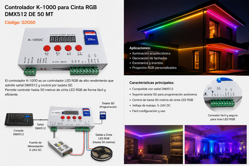 Controlador K-1000 para Cinta RGB DMX512 DE 50 MT