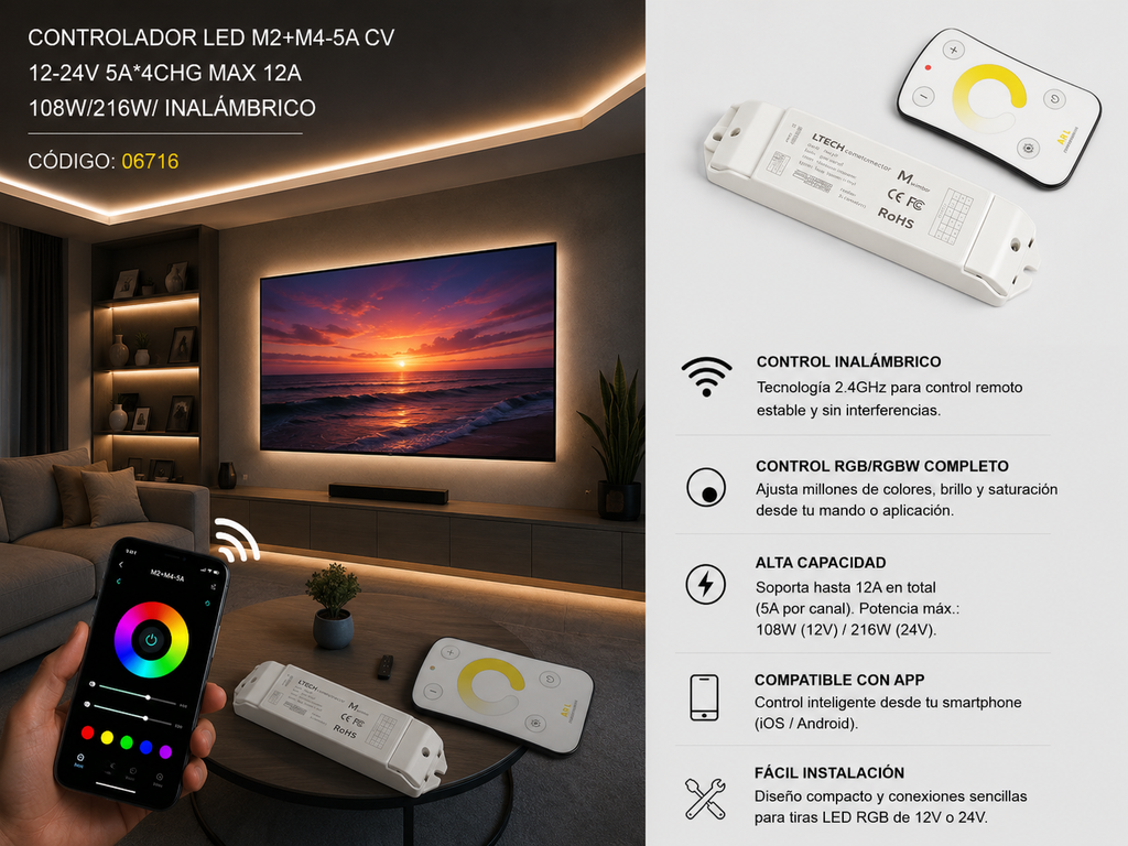 Controlador LED M2+M4-5A CV 12-24V 5A*4CHG MAX 12A 108W/216W/ Inalámbrico