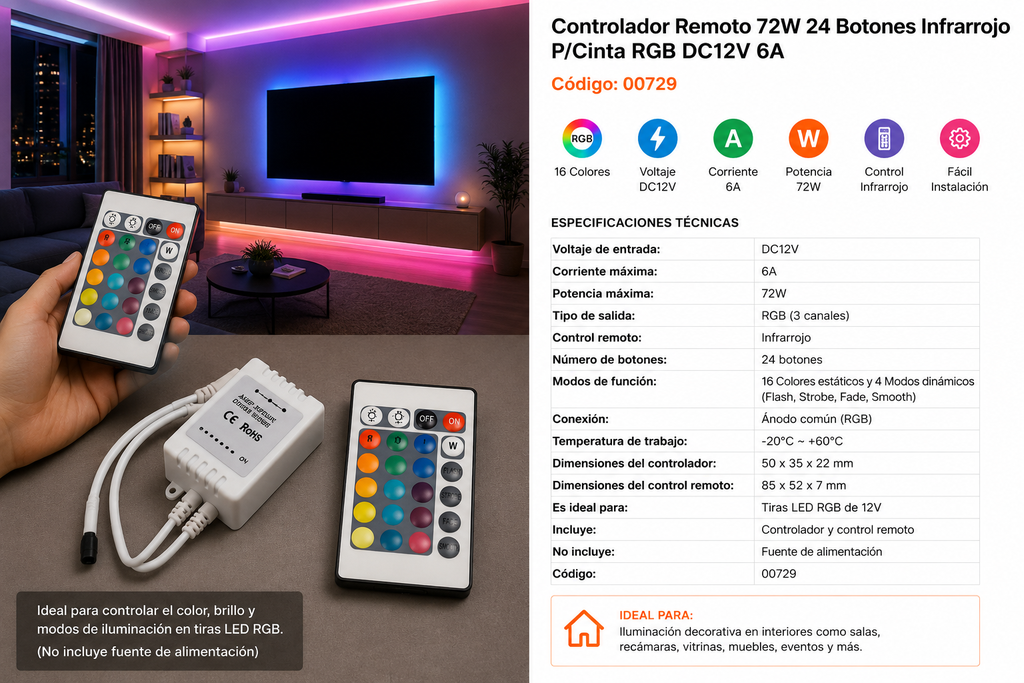Controlador Remoto 72W 24 Botones Infrarrojo P/Cinta RGB DC12V 6A no Incluye Fuente