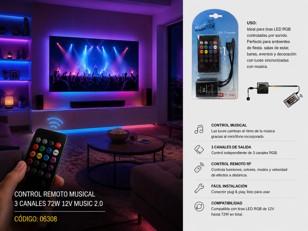 Control Remoto Musical 3 Canales 72W 12V MUSIC 2.0