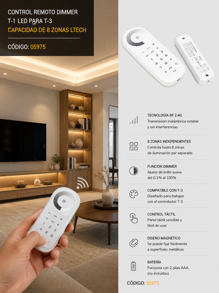 Control Remoto Dimmer T-1 LED para T-3 Capacidad de 8 Zonas LTECH