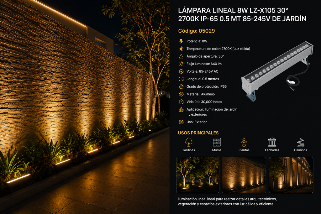 Lampara Lineal 8W LZ-X105 30º 2700K IP-65 0.5 MT 85-245V de Jardín