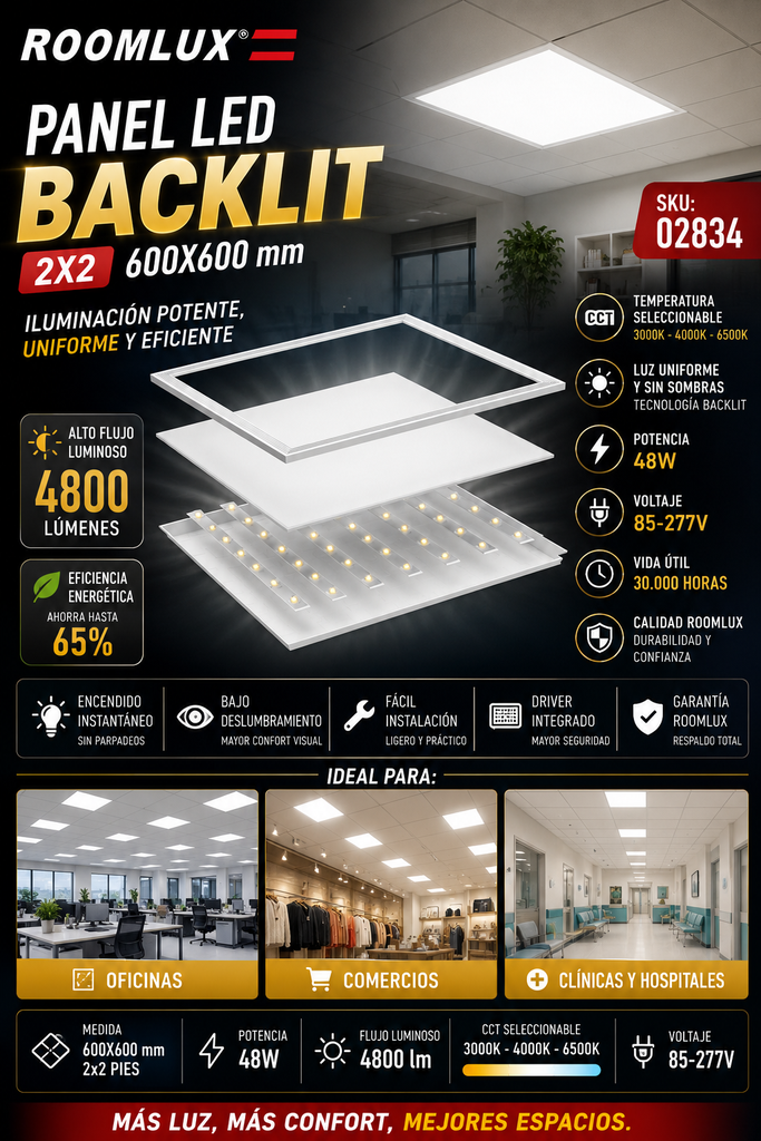 Panel 600X600 CCT 48w B29763 2x2 85-277V Backlit 4800lm Blanco Lx