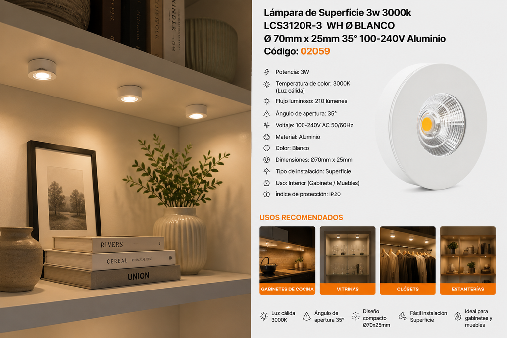 Lámpara de Superficie 3w 3000k LCS3120R-3 WH Ø Blanco Ø 70mm x 25mm 35° 100-240V Aluminio