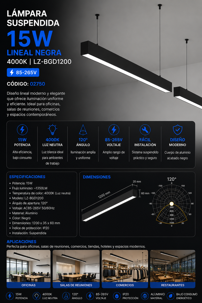Lampara Suspendida 15w 4000k LZ-BGD1200 Lineal Negra 120° 85-265V 1200X35X60