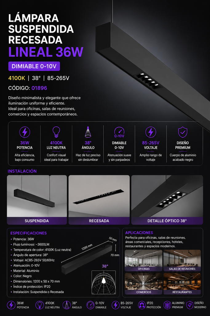 Lampara Suspendida Recesada 36W 4100K Lineal Dimiable Negro 0-10v 38° 85-265V 1200X50x70
