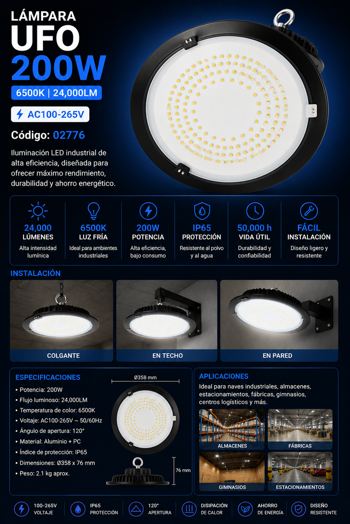 Lampara UFO 200W 6500K B60718 AC100-265V 24,000LM IP65 358*76 mm