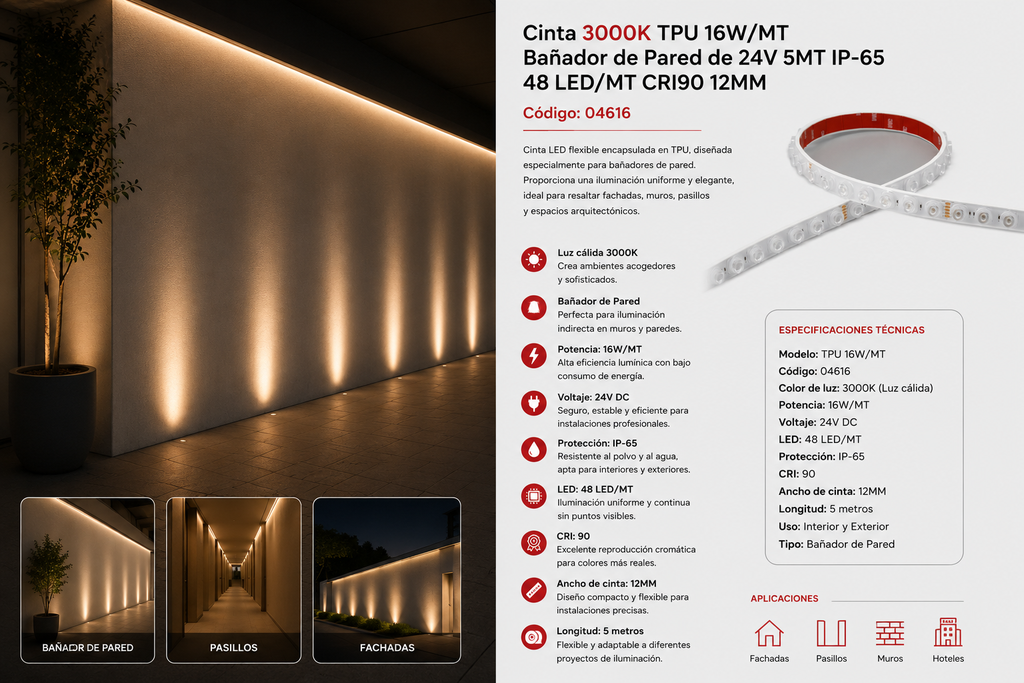 Cinta 3000K TPU 16W/MT Bañador de Pared 24V 5MT IP-65 48 LED/MT CRI90 12 MM