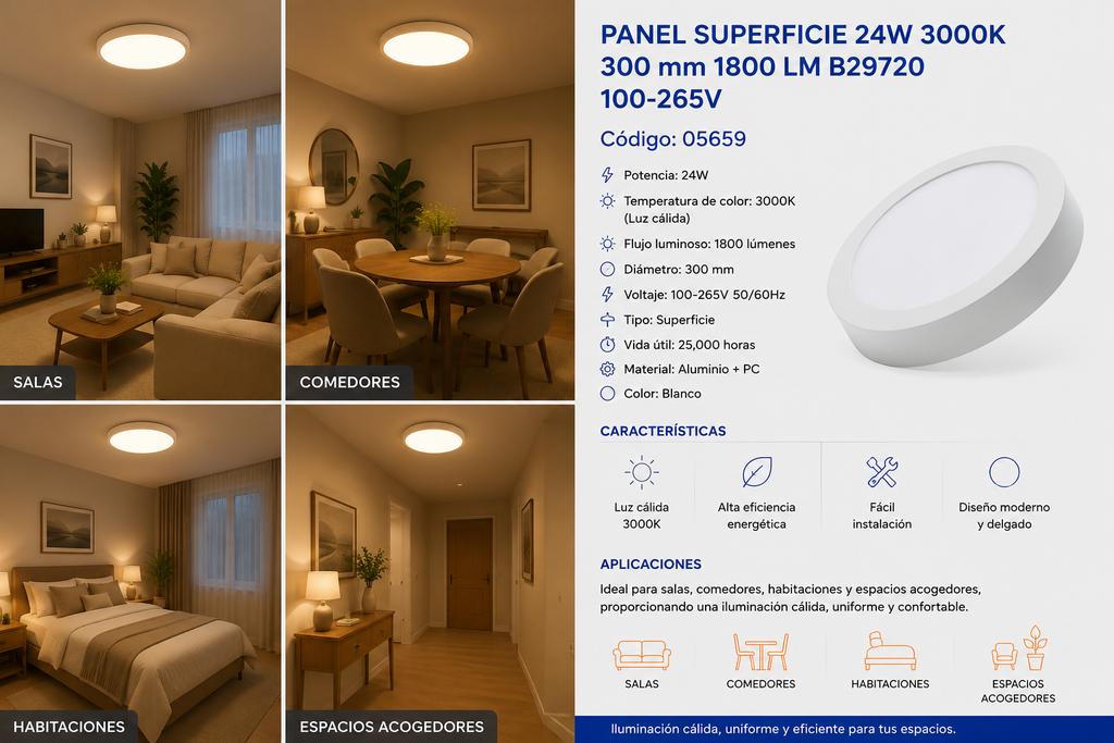 Panel Superficie 24W 3000K 300 mm 1800 LM B29720 100-265V ROOMLUX