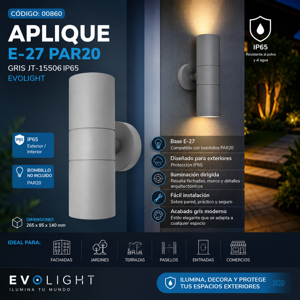 Aplique E-27 PAR 20 Gris JT-15506 265*85*140 IP 65 EVOLIGHT
