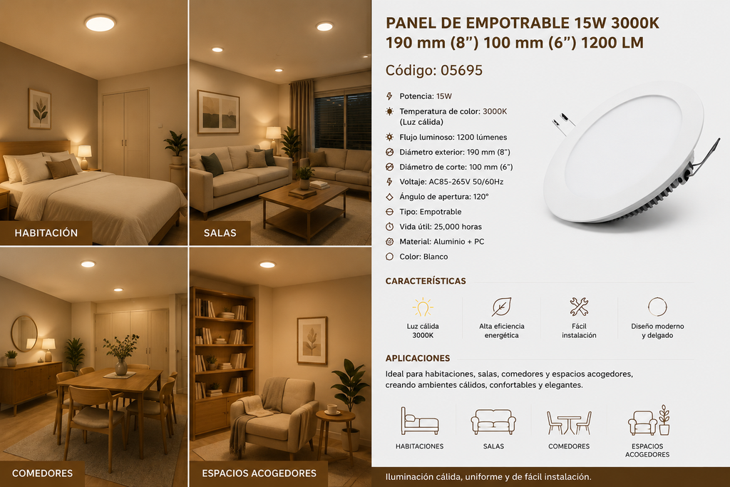 Panel de Empotrable 15W 3000K 190 mm (8¨) 100 mm (6¨) 1200 LM B29705 ROOMLUX