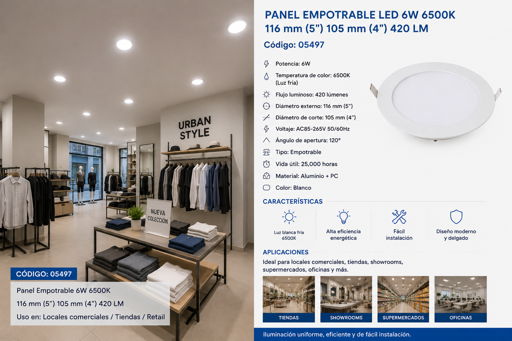 Panel Empotrable 6W 6500K 116 mm (5¨) 105 mm (4¨) 420 LM B29705 ROOMLUX