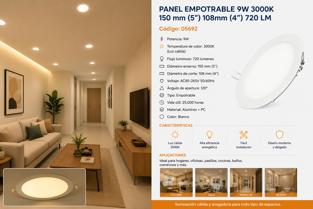 Panel Empotrable 9W 3000K 150 mm (5¨) 108mm (4¨) 720 LM B29705 ROOMLUX