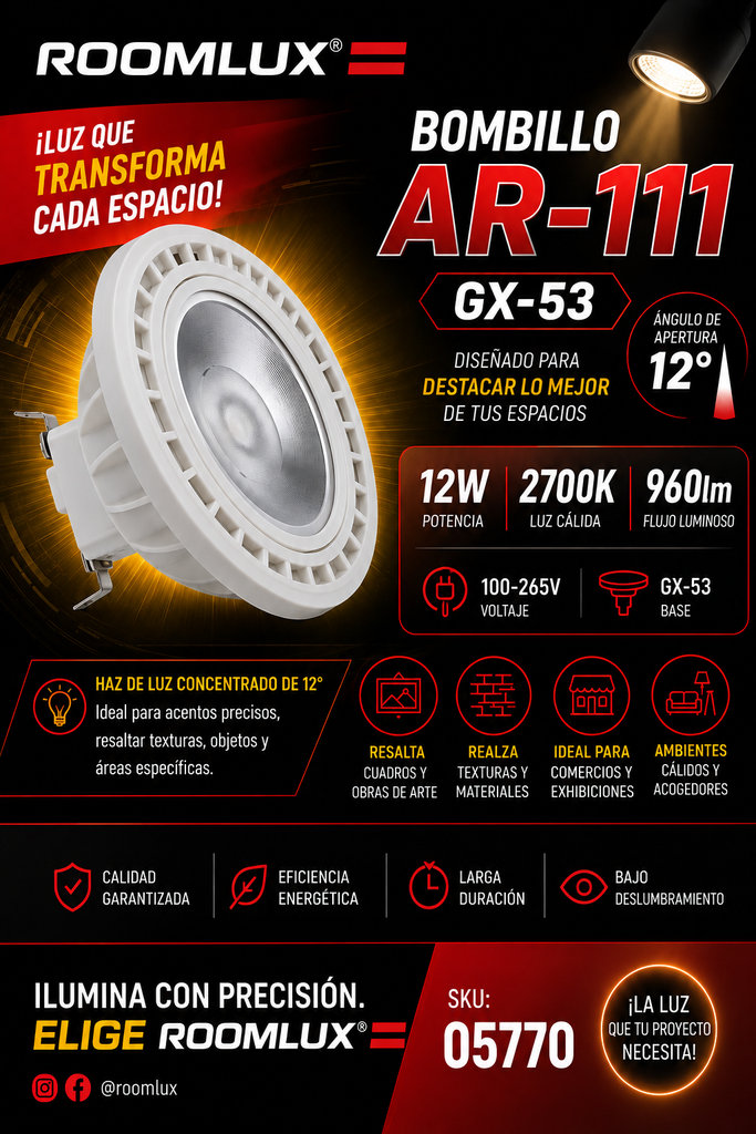 Bombillo 12w 2700k AR-111 GX-53 12º B41512 100-265V 960lm Roomlux